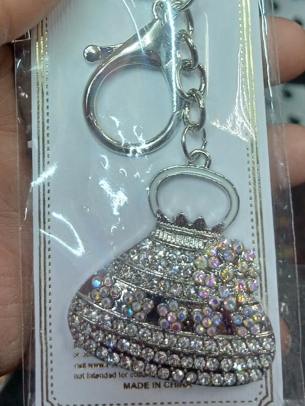 Sparkling Purse Charm Keychain - Silver with Aurora Rhinestones